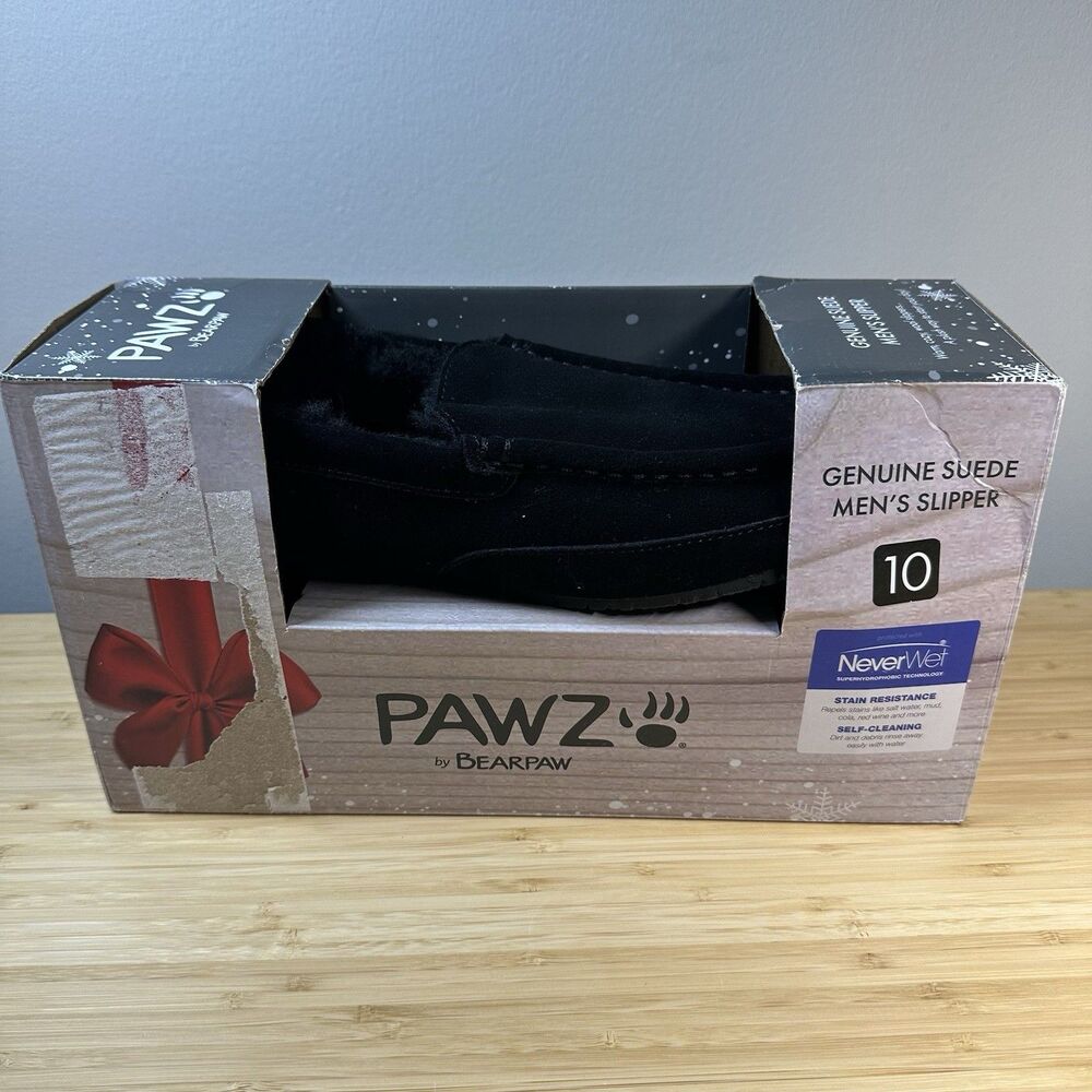 PAWZ Bearpaw Caleb Moccasin-style Men Slipper Black Suede 10 Wool Shearling